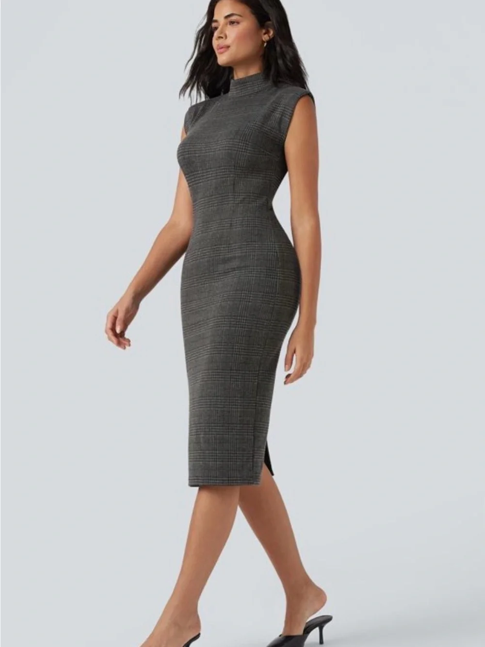 HALARA High Neck Sleeveless Bodycon Houndstooth Plaid Midi Work Dress - Picture 2 of 13